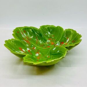 VTG Ceramic Green Leaf Dish/Candy Bowl Mottled/Splattered Design MCM 1970 Signed